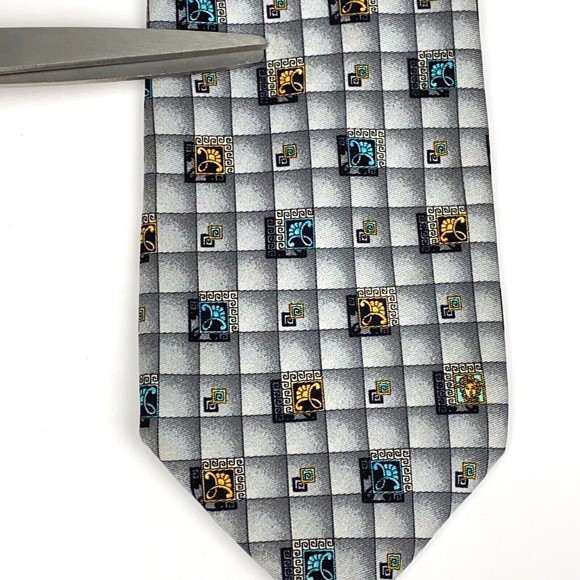 GIANNI VERSACE Vintage 90s Tie Baroque Flower Medusa Grey Squares Plaid Necktie - Picture 9 of 12
